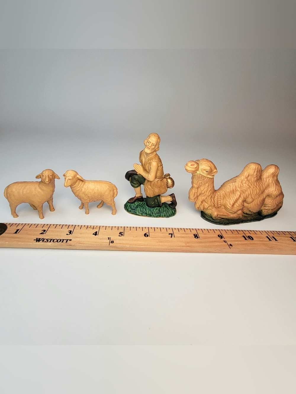 Vtg ART Plastics Nativity Figures Shepherd, 2 Sheep, Camel 4 Pcs Hong Kong #795
